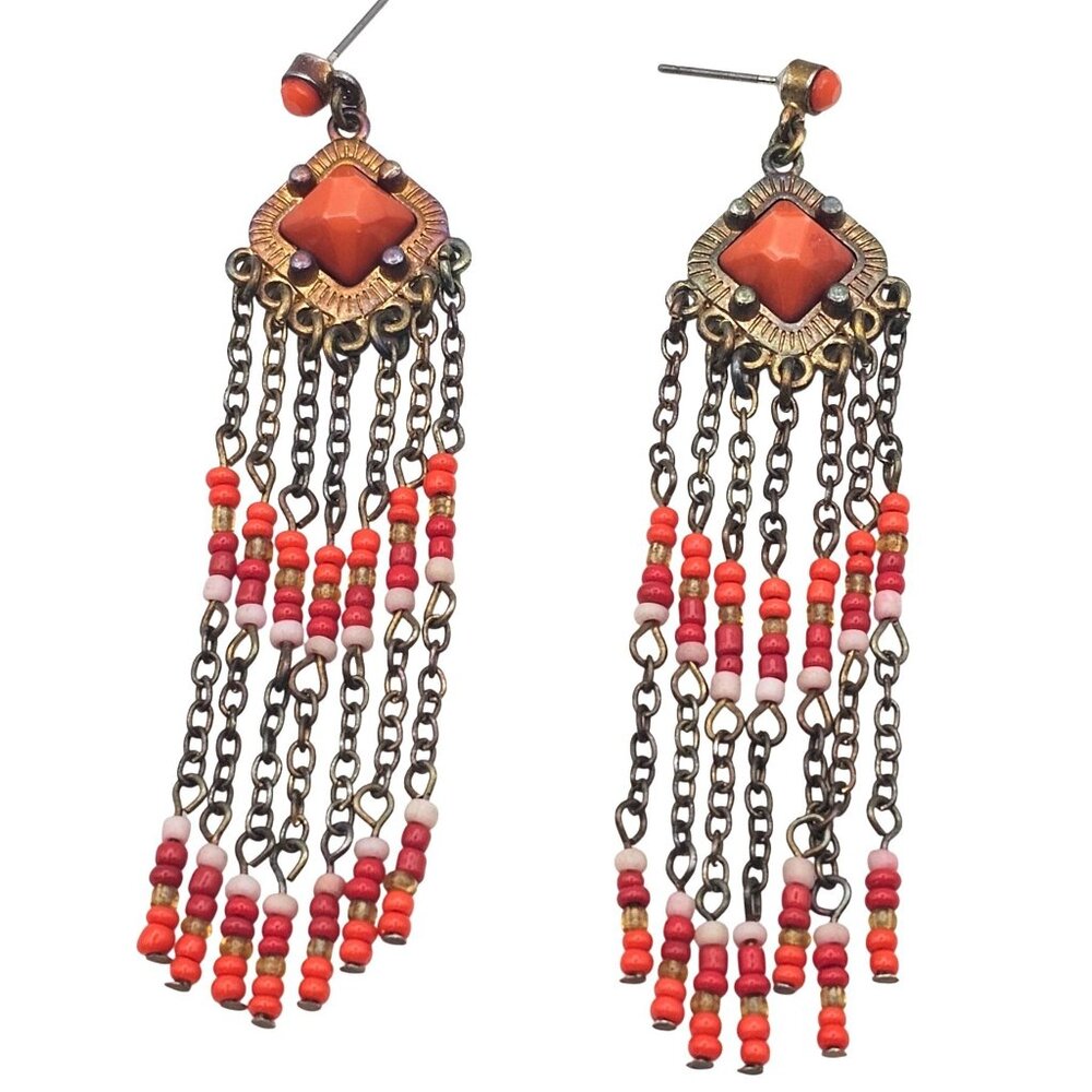 Beaded Orange Dangle Drop Brass Tone Boho Western Country Tassel Rustic Earrings